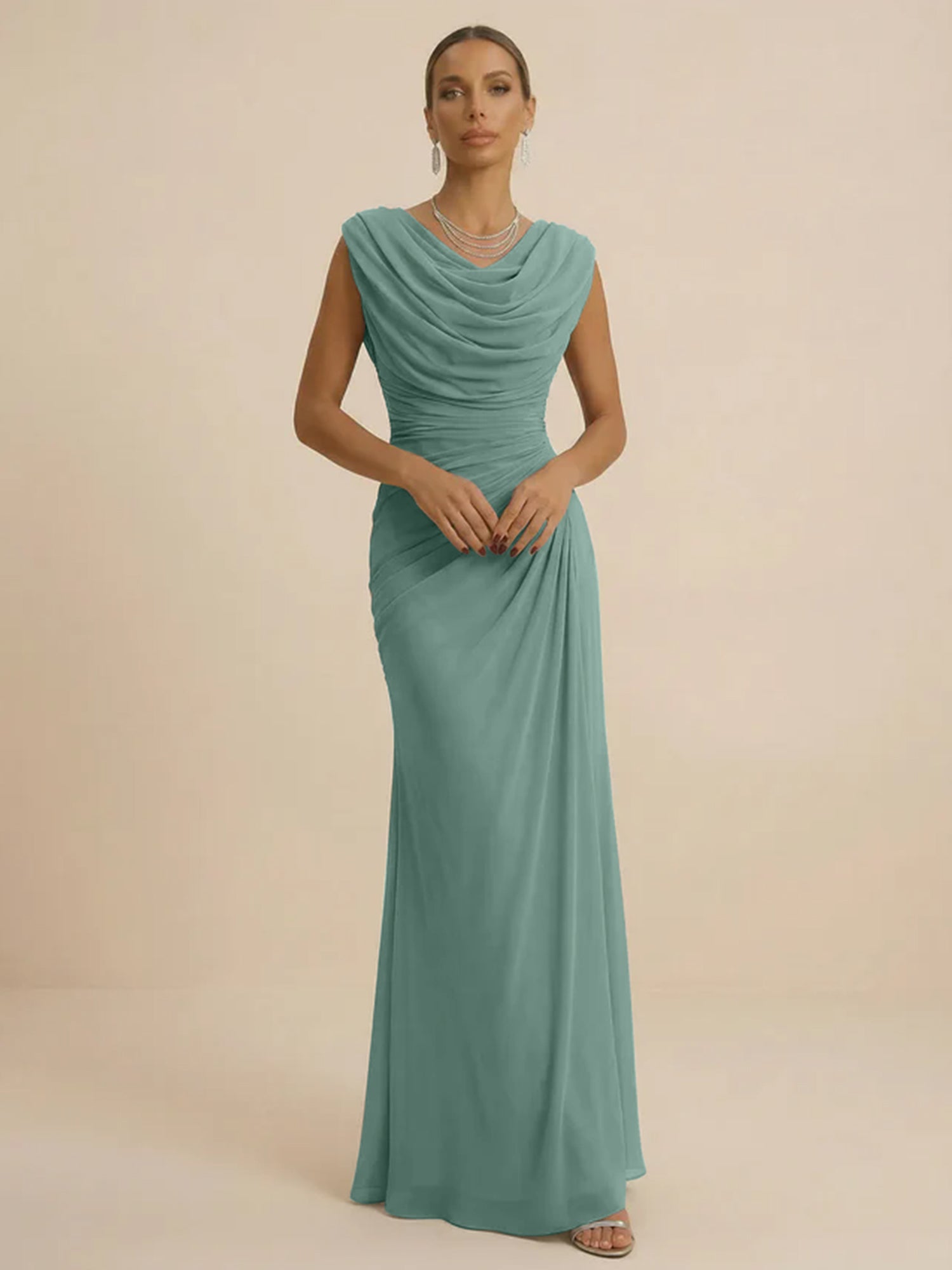 Dusty Grey Draped Cowl Neck Ruched Chiffon Evening Dresses