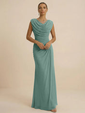 Dusty Grey Draped Cowl Neck Ruched Chiffon Evening Dresses