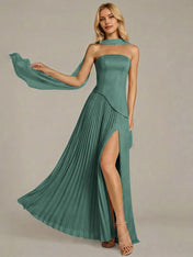 Navy A Line Satin Off The Shoulder Sleeveless Floor Length Dress