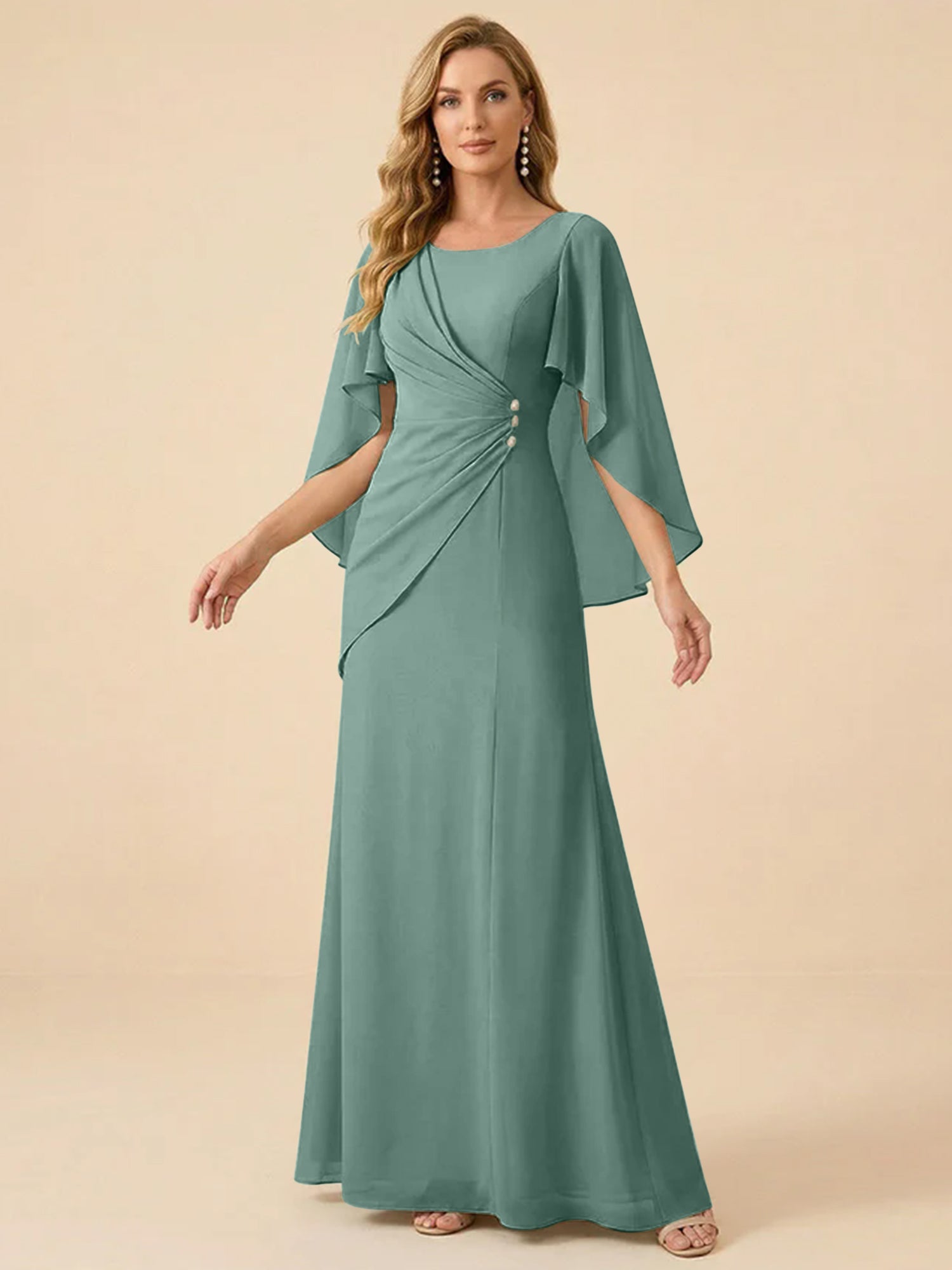 Sage Green Chiffon Beaded Mother of the Bride Dress with Cape Sleeves