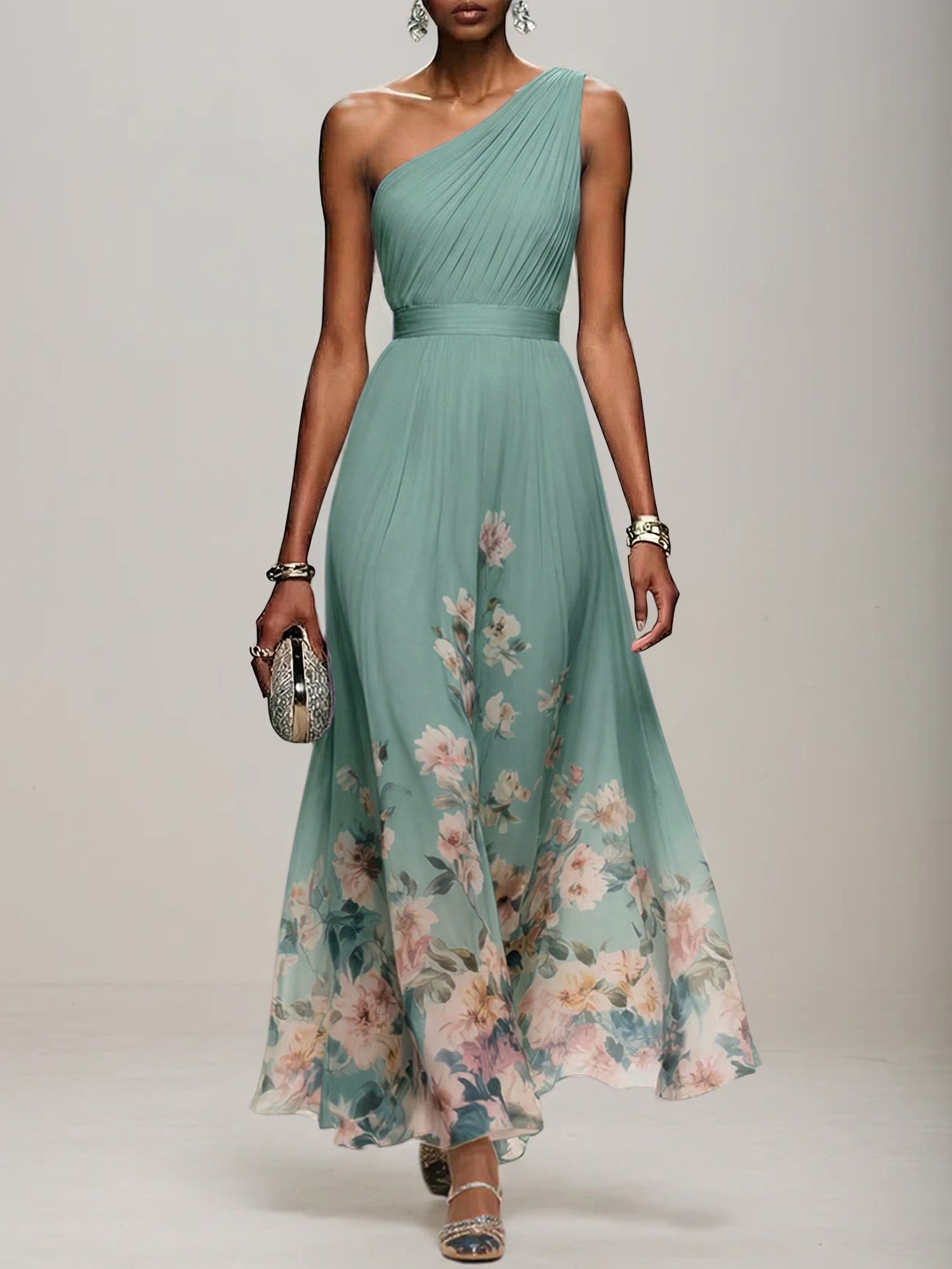 Light Blue Floral Chiffon One Shoulder Sleeveless A-Line Maxi Dress Gown