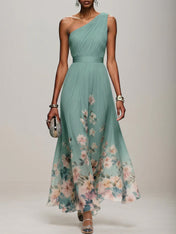 Light Blue Floral Chiffon One Shoulder Sleeveless A-Line Maxi Dress Gown
