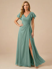 Sage Green V-Neck High-Slit Pleated Chiffon Dress