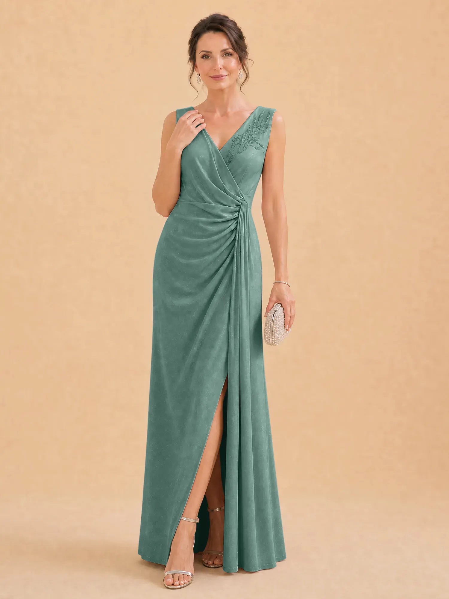 V-Neck Faux-Wrap Evening Gown with Side Draping Mother of The Bride Dresses