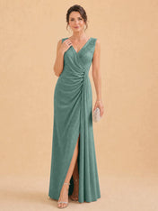 V-Neck Faux-Wrap Evening Gown with Side Draping Mother of The Bride Dresses