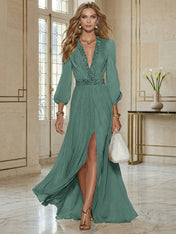 Elegant Beige Chiffon V-neck With Rhinestone Embellishments And A Side Slit Maxi Dress