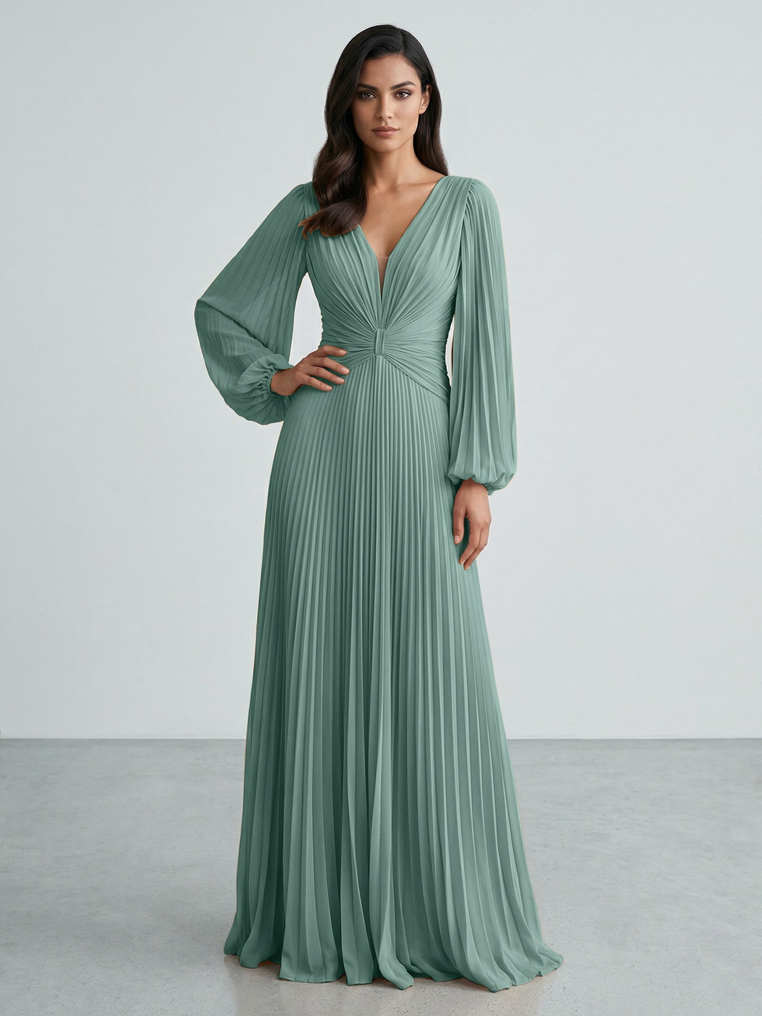Slate Blue Plunging V-Neck Pleated Long Sleeve Maxi Dress Gown