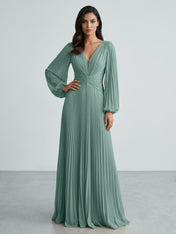 Slate Blue Plunging V-Neck Pleated Long Sleeve Maxi Dress Gown