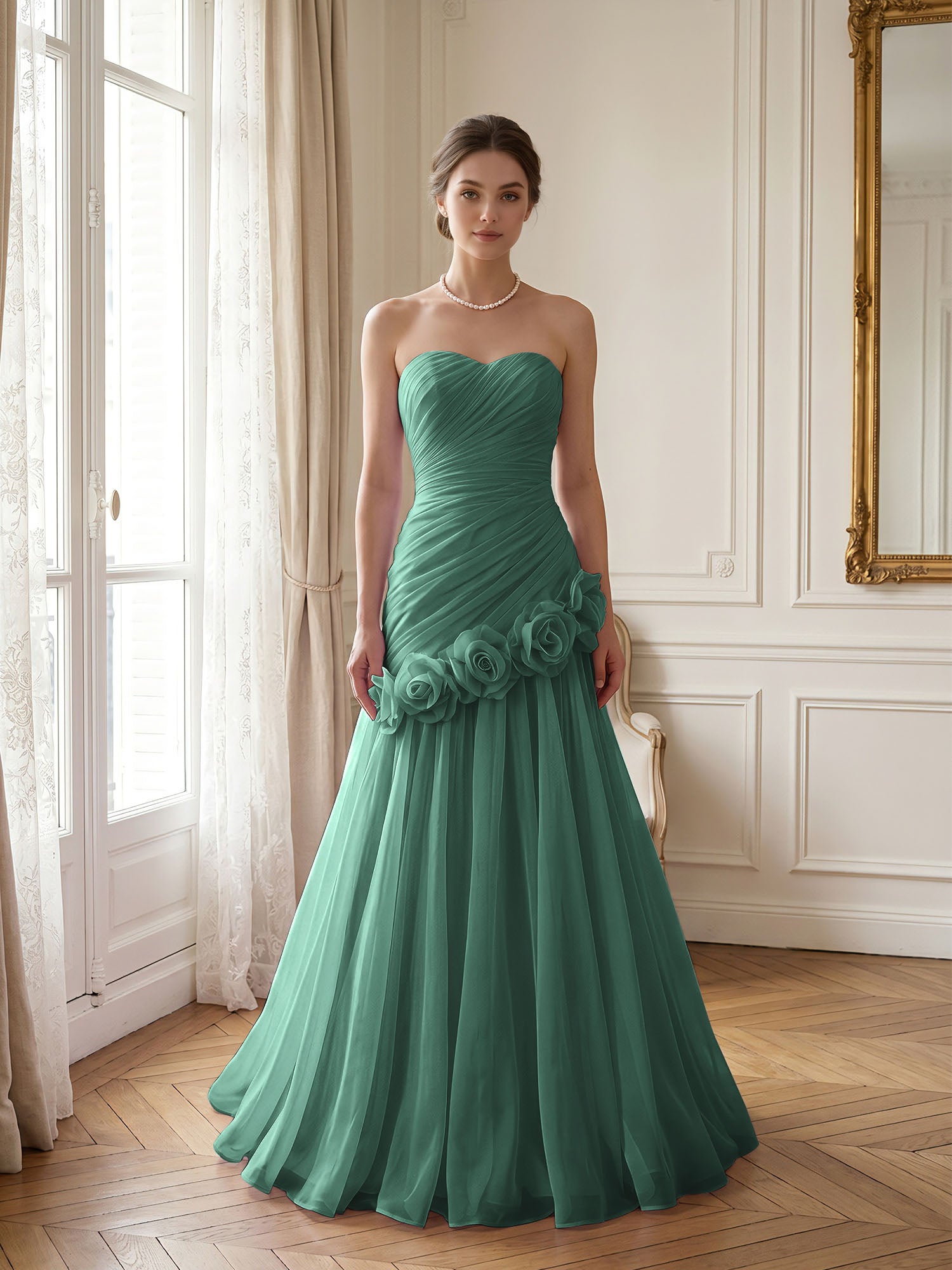 Lilac 3D Rosette Strapless Chiffon Evening Formal Gown Wedding Guest Dress