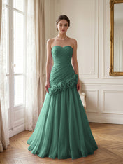 Lilac 3D Rosette Strapless Chiffon Evening Formal Gown Wedding Guest Dress