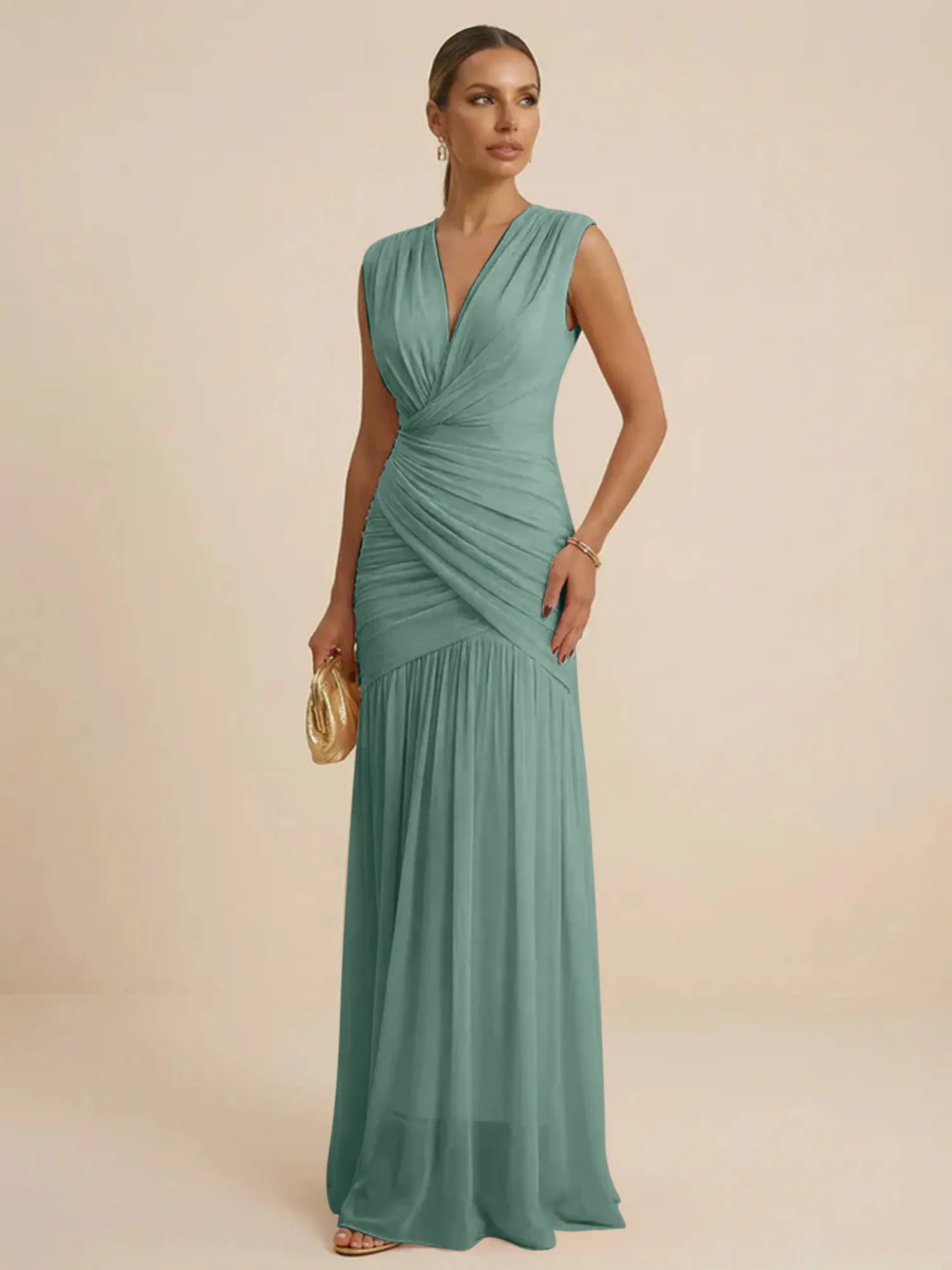 Pink Regular Straps V Neck Chiffon Pleat Mermaid Maxi Dress