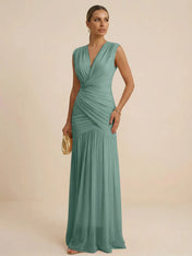 Pink Regular Straps V Neck Chiffon Pleat Mermaid Maxi Dress