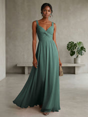 Elegant Soft Blush Twist-Front Chiffon Maxi Gown