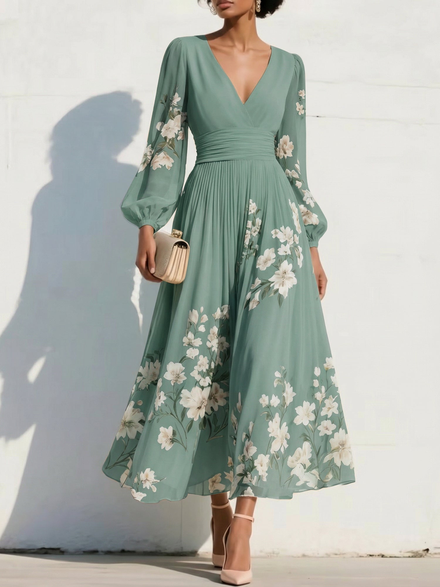 Elegant Floral V-Neck Pleated Midi Dress with Long Sleeves