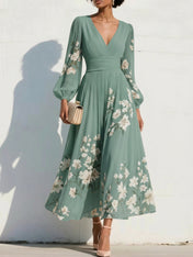 Elegant Floral V-Neck Pleated Midi Dress with Long Sleeves