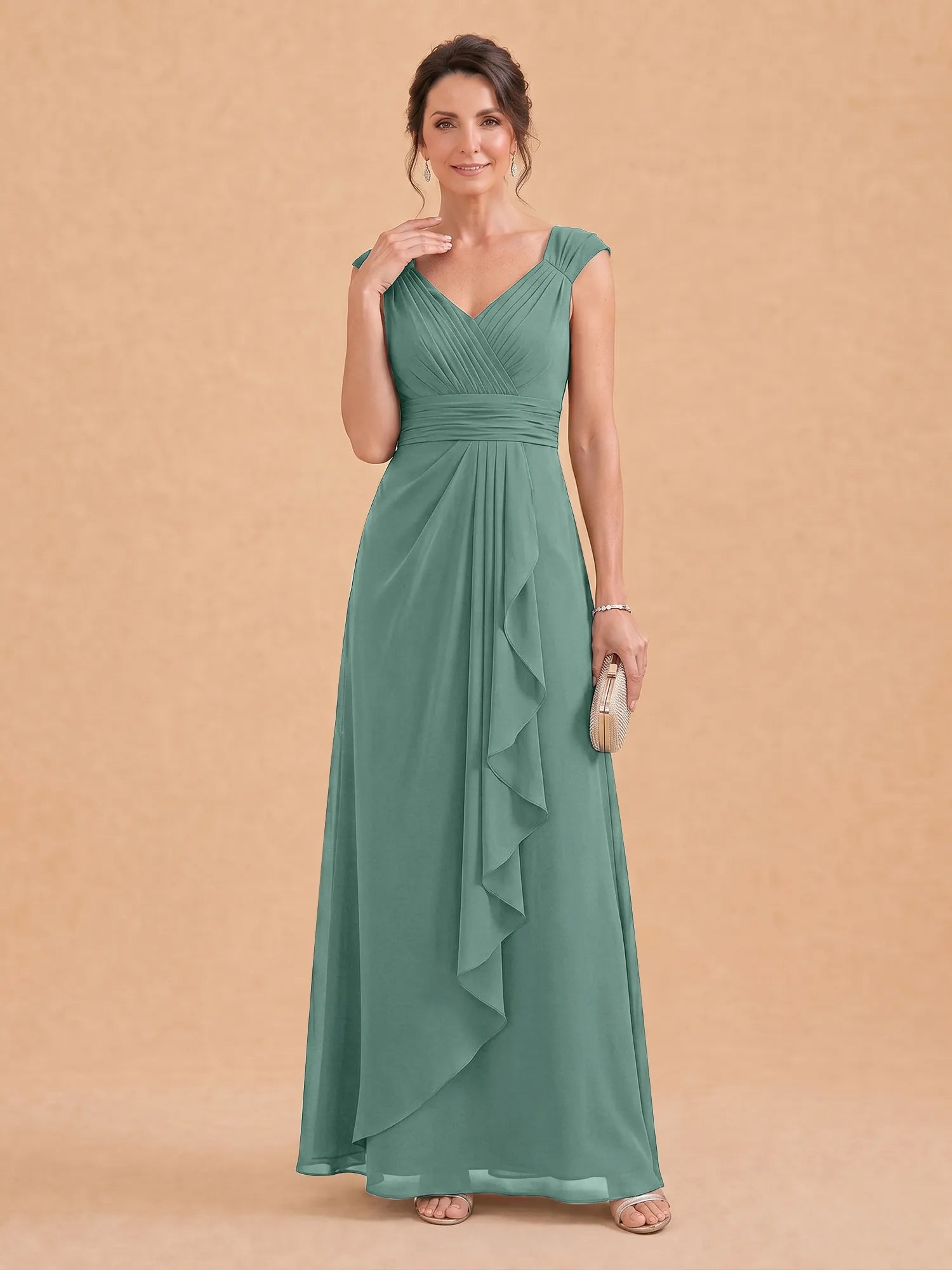 V-Neck Ruched Chiffon A-Line Mother of the Bride Dress with Cascading Ruffle