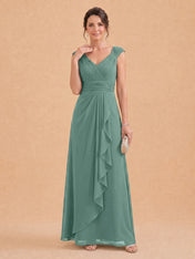 V-Neck Ruched Chiffon A-Line Mother of the Bride Dress with Cascading Ruffle