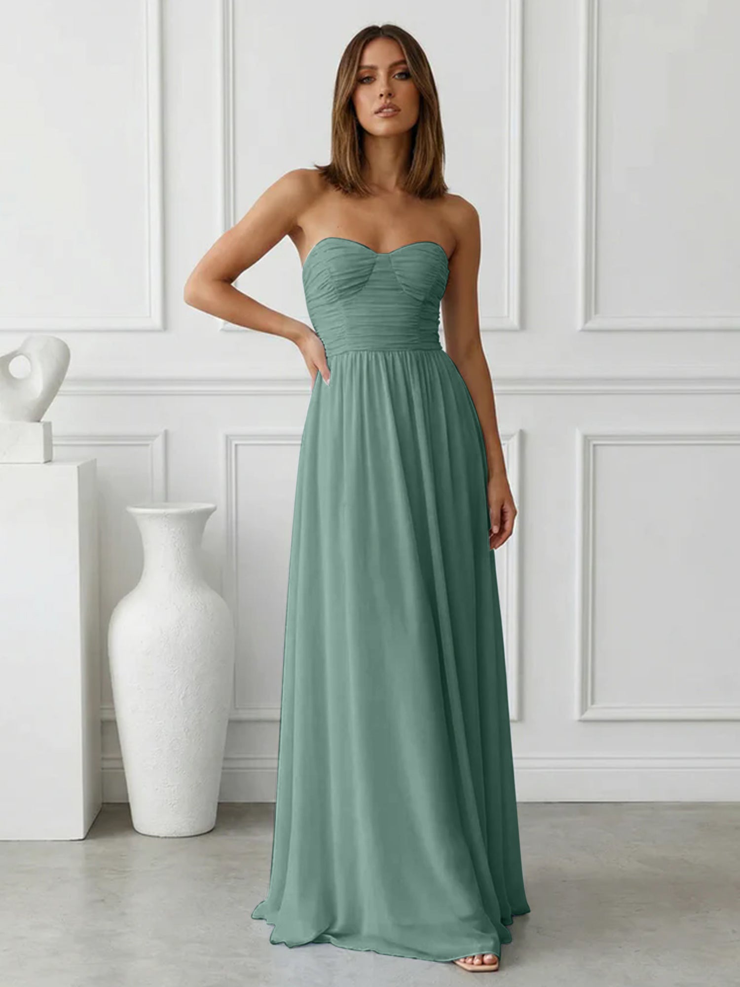 Light Blue Sweetheart Chiffon A Line Maxi Dress with Pleat