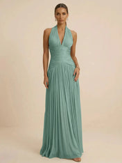 Sage Green Halter Neck Pleated Chiffon Evening Gown with Ruched