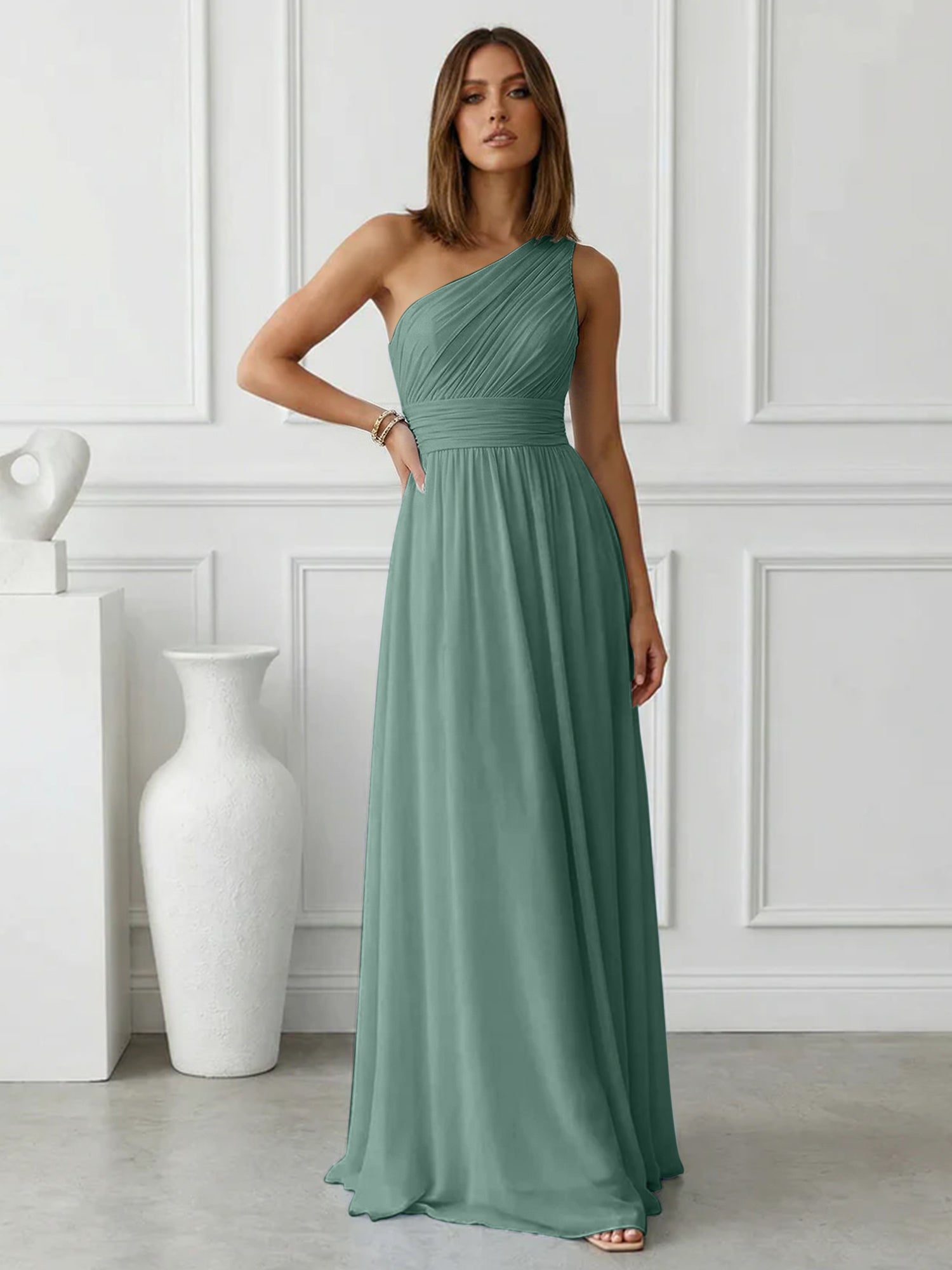Timeless Light Blue One-Shoulder Maxi Dress Ruched Chiffon Gown