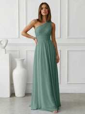 Timeless Light Blue One-Shoulder Maxi Dress Ruched Chiffon Gown