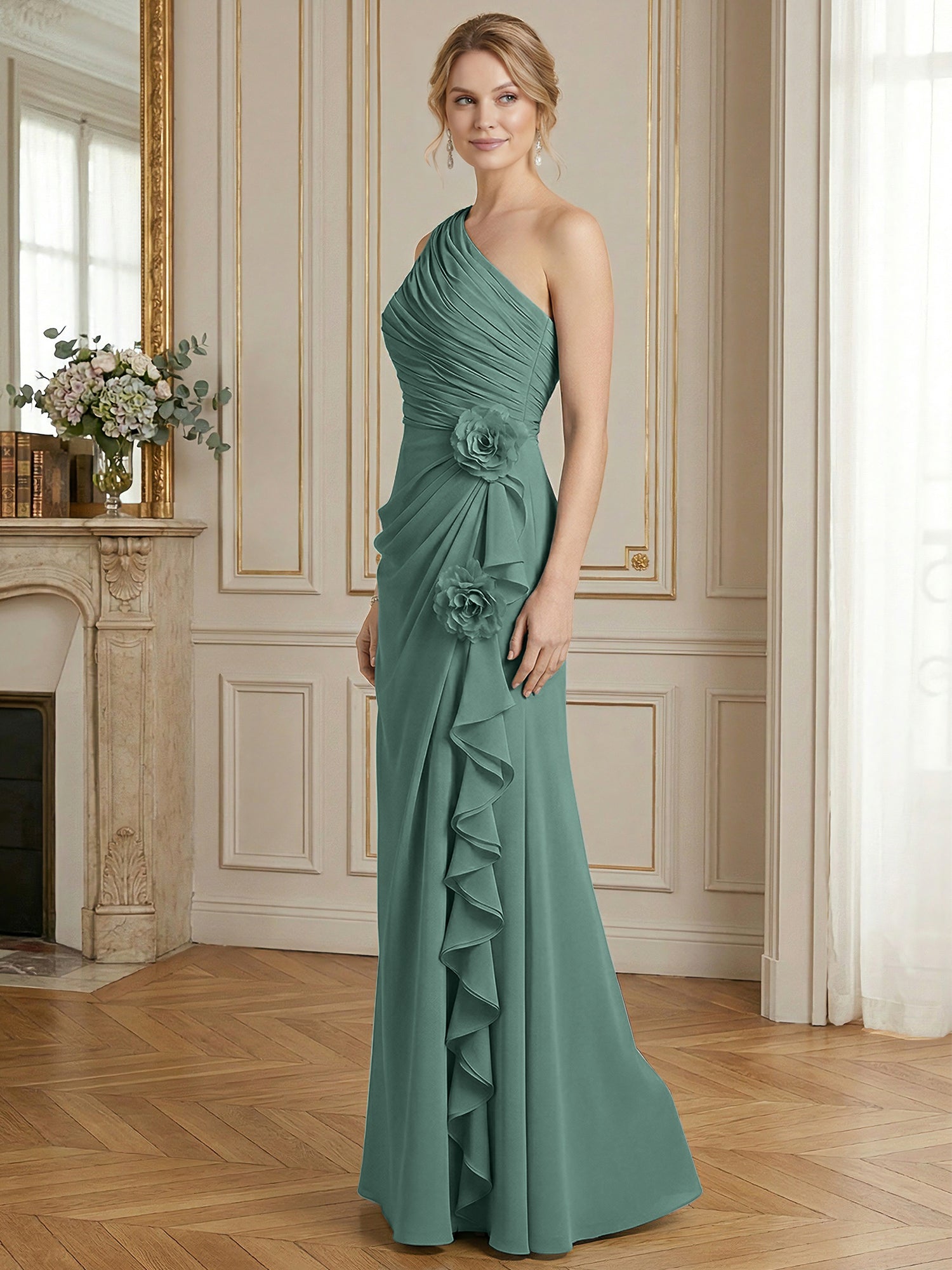 Dusty Blue One-Shoulder Ruched Floral Maxi Dress Gown
