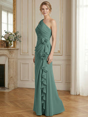 Dusty Blue One-Shoulder Ruched Floral Maxi Dress Gown