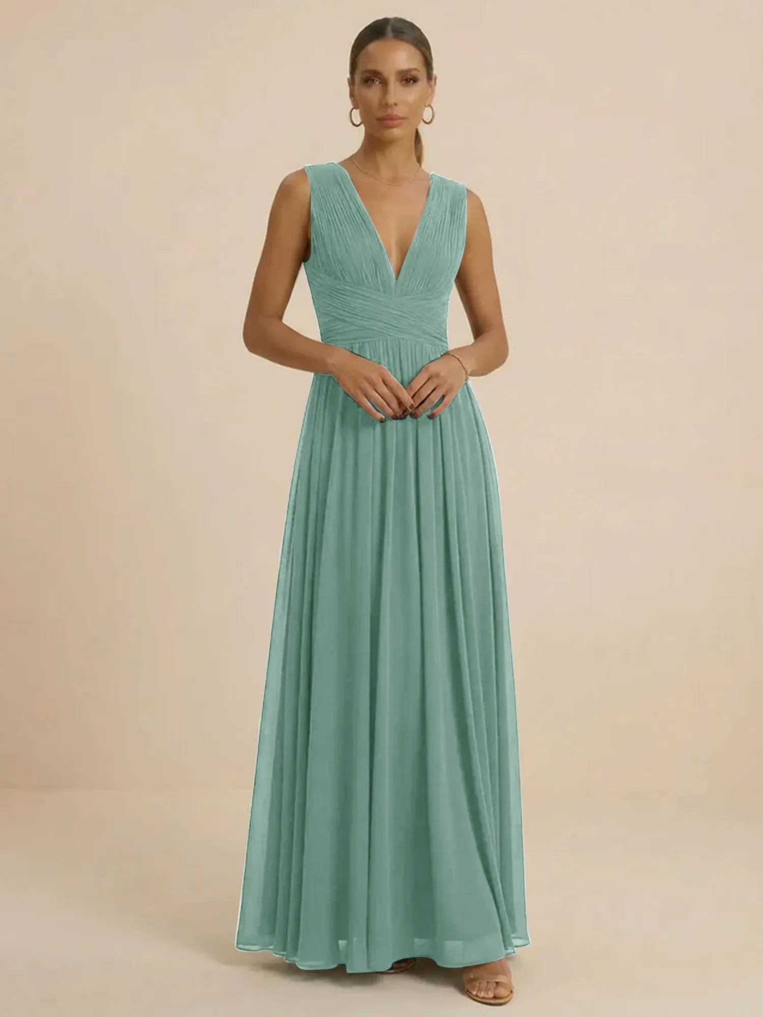 Teal Pleated V-Neck Chiffon Evening Gown with Ruched