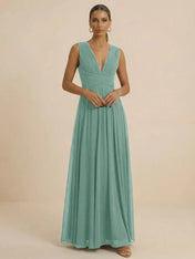 Teal Pleated V-Neck Chiffon Evening Gown with Ruched