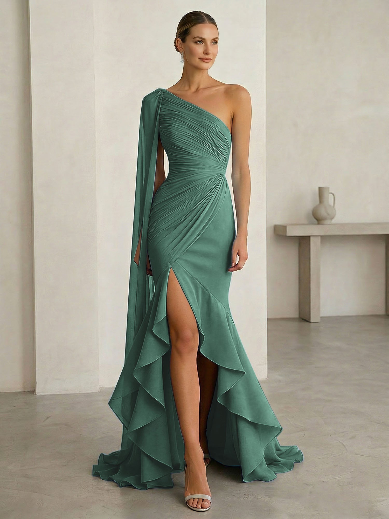 Glamorous Midnight Navy Formal Evening Dress One-Shoulder Ruched Cape Gown