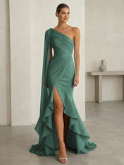 Glamorous Midnight Navy Formal Evening Dress One-Shoulder Ruched Cape Gown