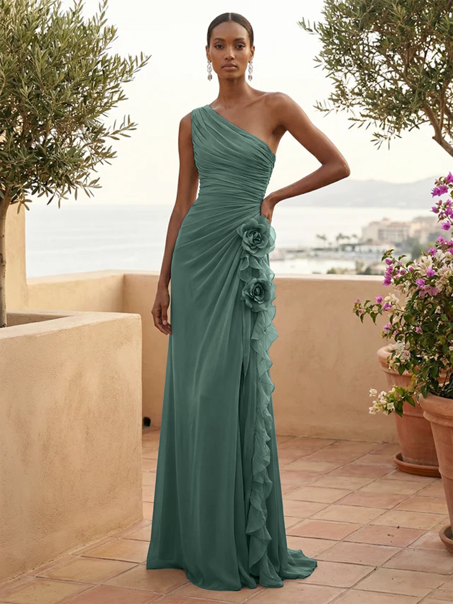 One Shoulder Pleat Mermaid A Line Ruffle Evening Dresses