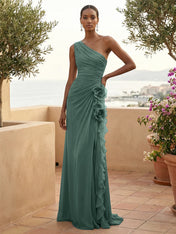 One Shoulder Pleat Mermaid A Line Ruffle Evening Dresses