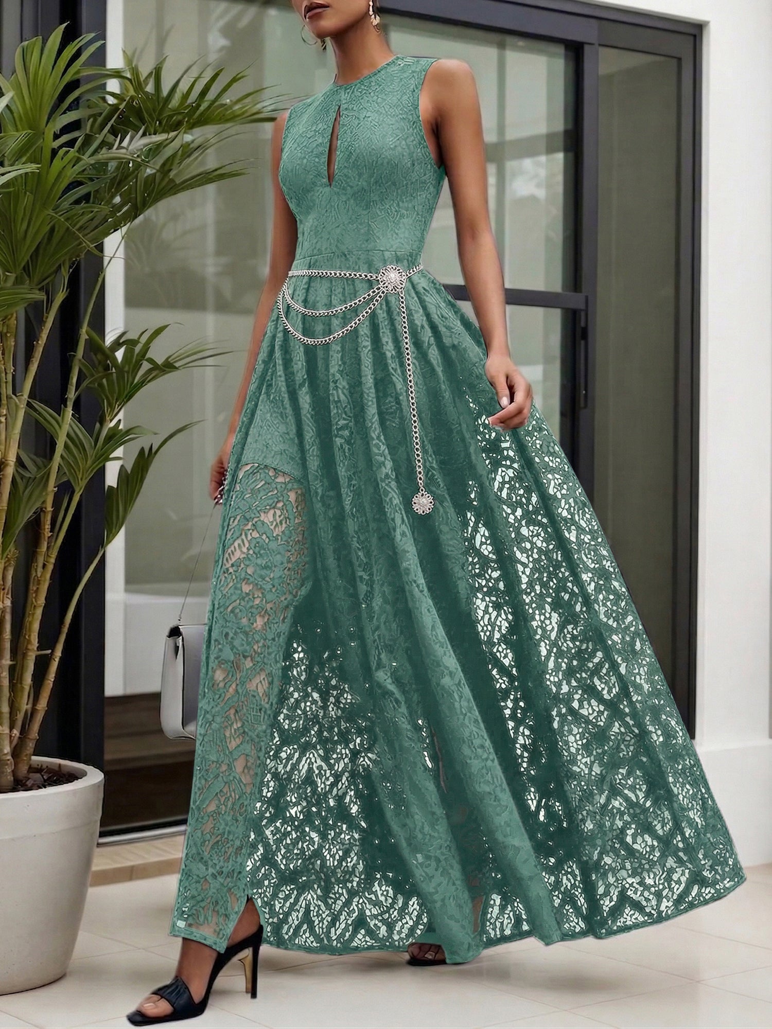 Midnight Black Lace Hollow Out Crew Neck Sleeveless A-Line Maxi Dress