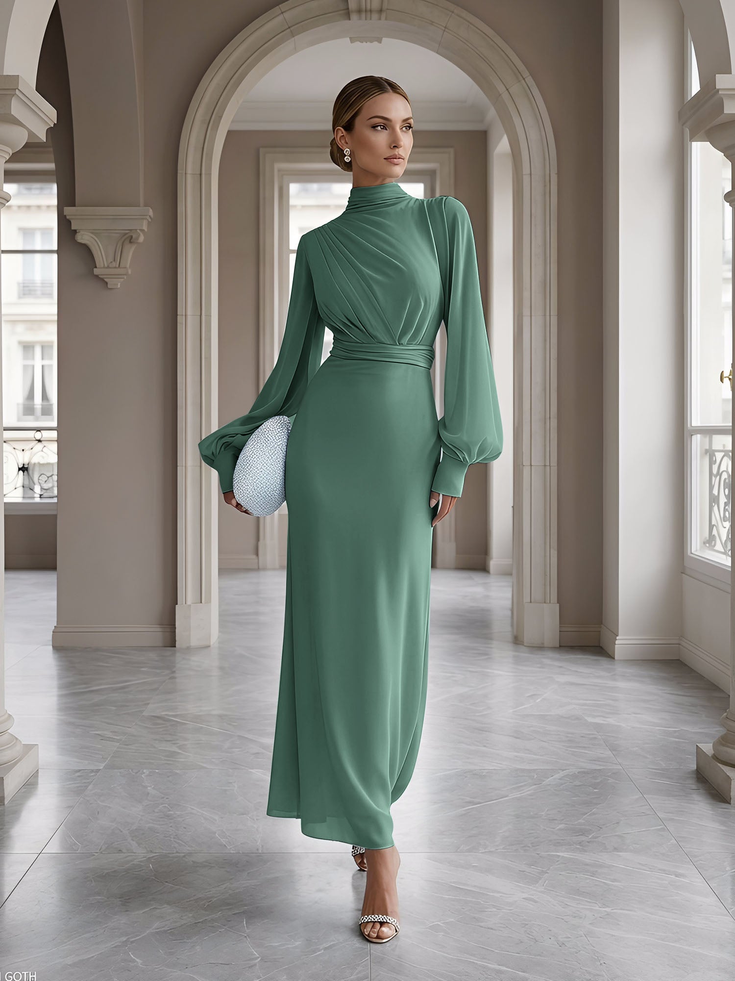 Ice Blue High-Neck Bishop Sleeve Gown Foraml Evening Dress