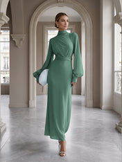Ice Blue High-Neck Bishop Sleeve Gown Foraml Evening Dress