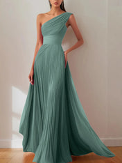 Prom Formal Pleated Dress Rose Color One-Shoulder Maxi Dress