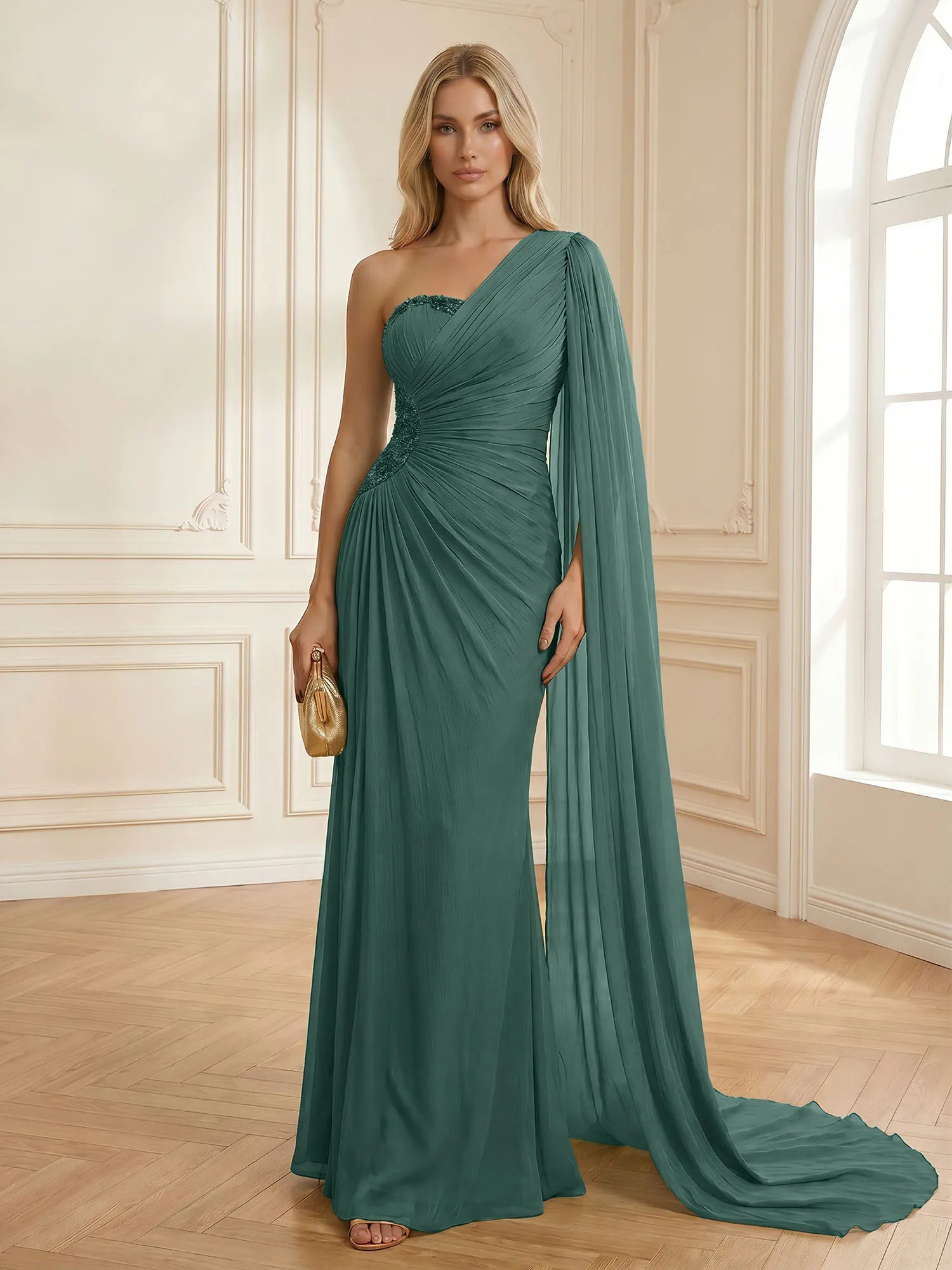 Sage Green One Shoulder Beaded Evening Gown with Cape Sleeve