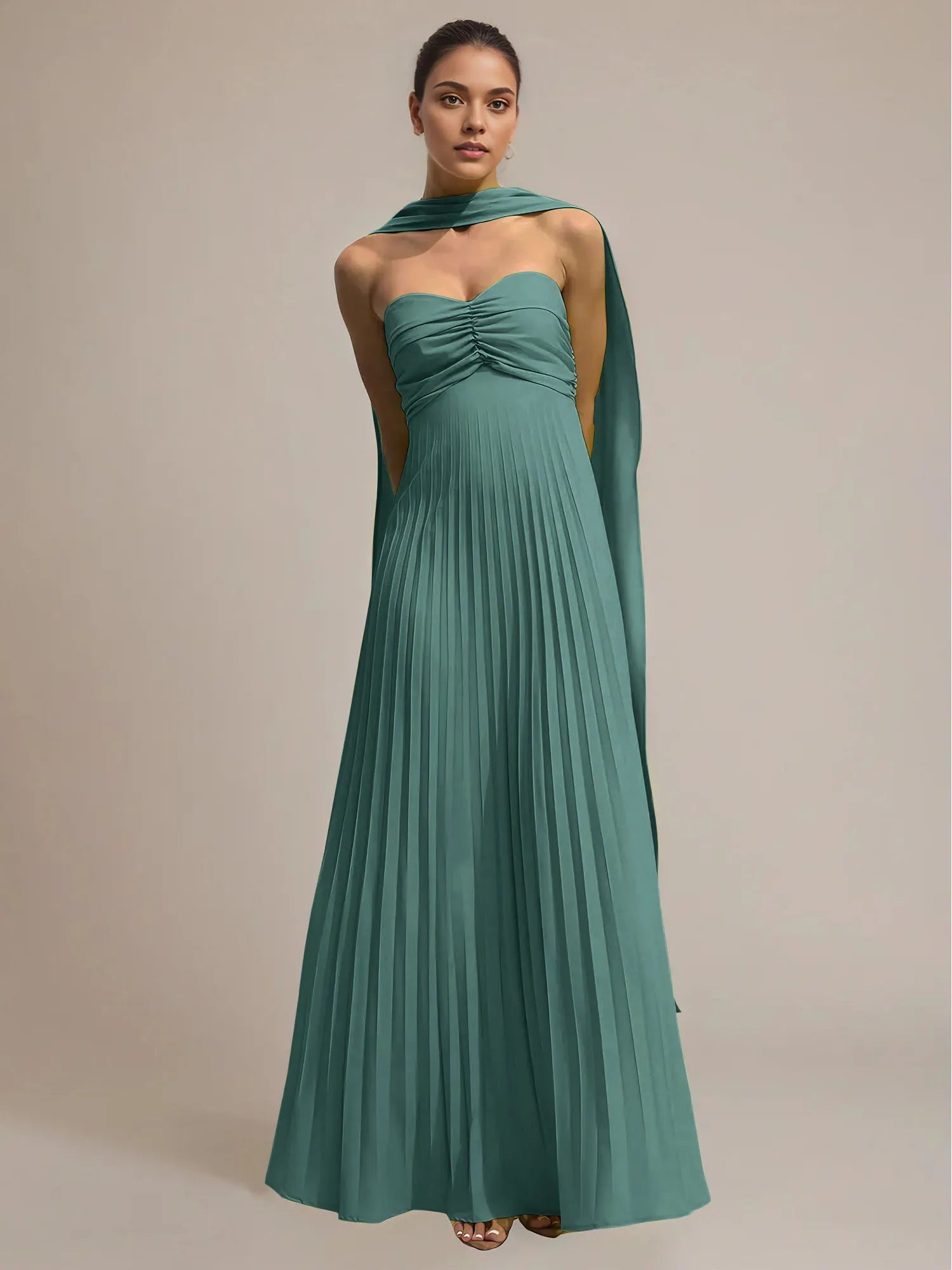 Green Chiffon A Line Off The Shoulder Sleeveless Floor Length Pleated Dress