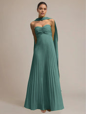 Green Chiffon A Line Off The Shoulder Sleeveless Floor Length Pleated Dress