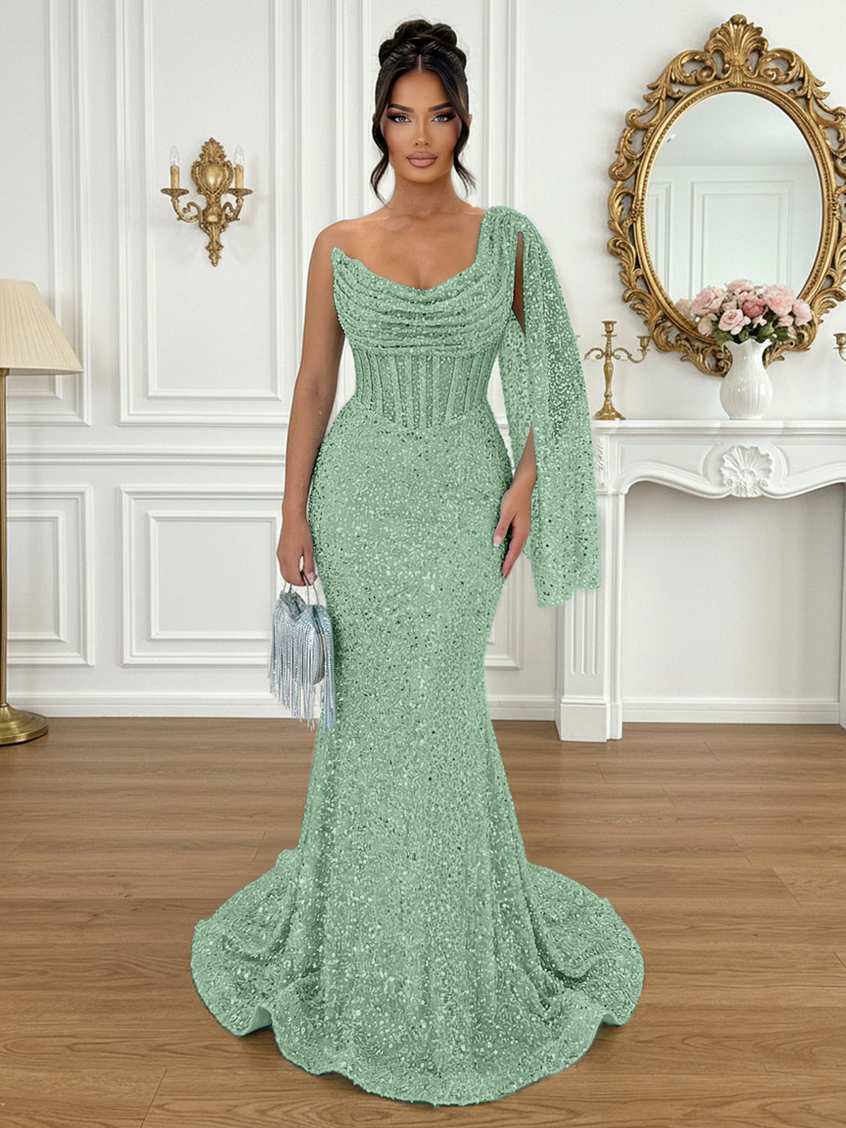 Glamorous Ice Blue One-Shoulder Sequin Corset Mermaid Prom Dresses