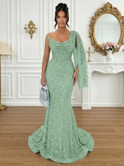 Glamorous Ice Blue One-Shoulder Sequin Corset Mermaid Prom Dresses