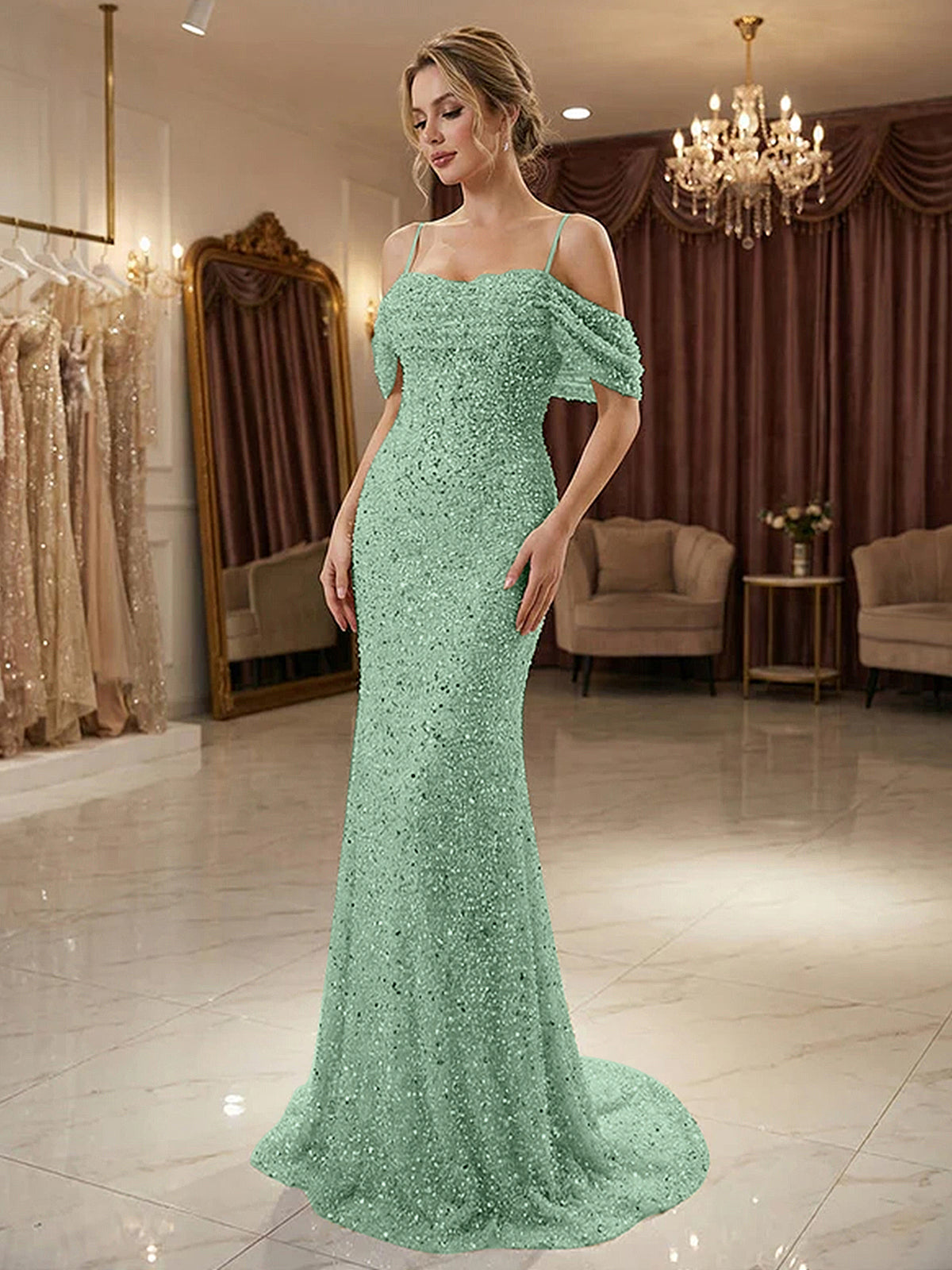 Sparkly Champagne Beaded Off-the-Shoulder Mermaid Long Prom Dress