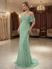 Sparkly Champagne Beaded Off-the-Shoulder Mermaid Long Prom Dress