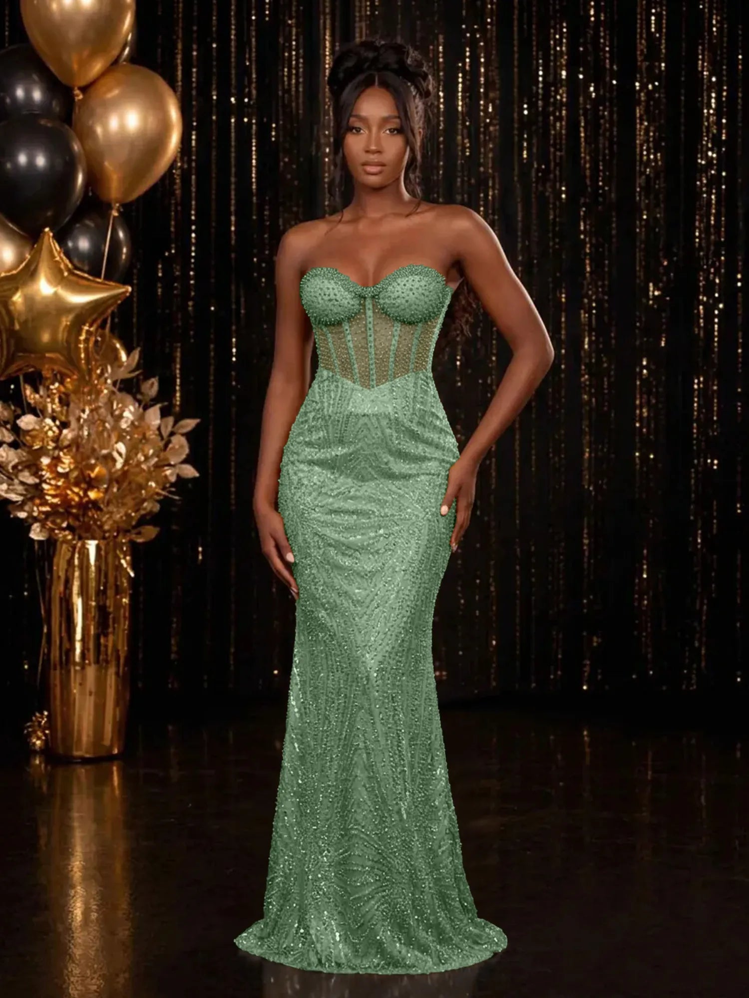 Strapless Sequin-Accented Mermaid Prom Dress with High Slit