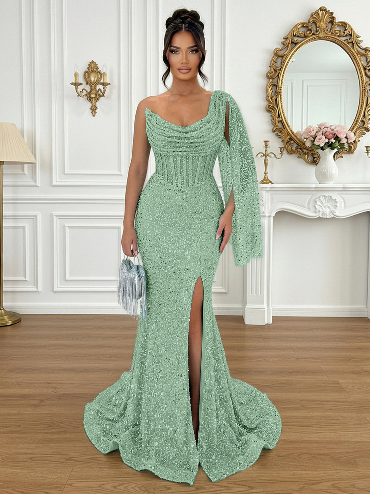 Glamorous Ice Blue One-Shoulder Sequin Corset Mermaid Prom Dresses with Slit