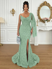 Glamorous Ice Blue One-Shoulder Sequin Corset Mermaid Prom Dresses with Slit
