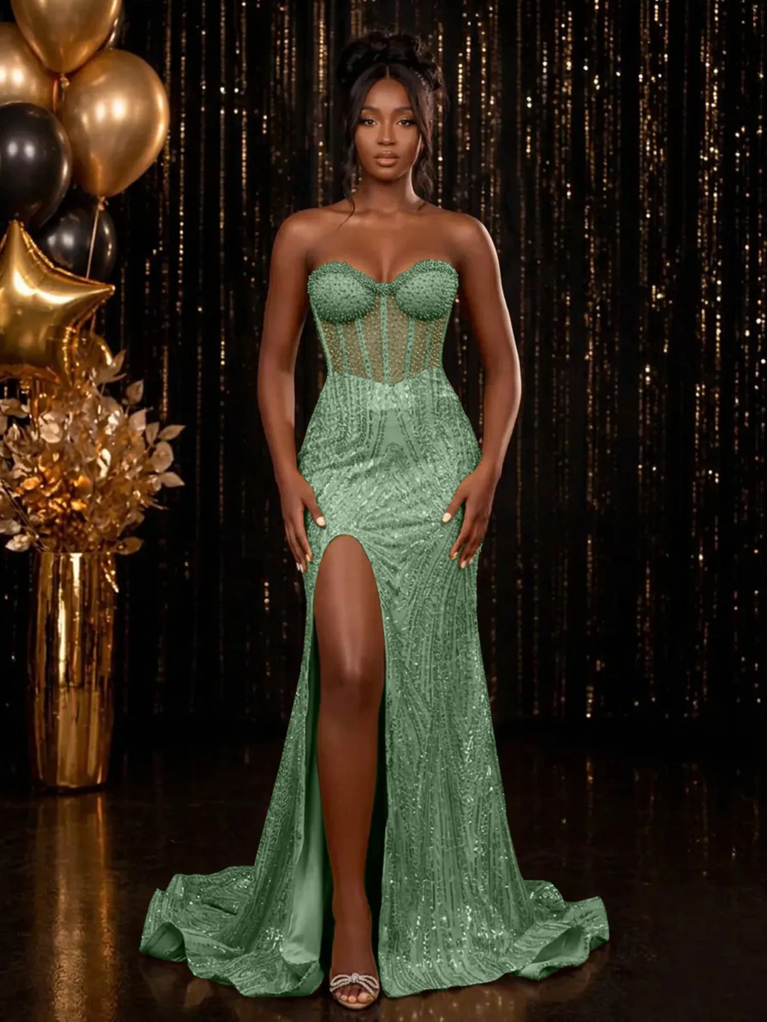 Strapless Sequin-Embellished Mermaid Prom Dress
