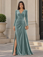 V-Neck Pearl Ruched Burgundy Velvet Floor-Length Evening Dresses with Long Sleeves