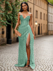 Red Strapless Beaded Fringe Waist Sequin Prom Dress with High Slit